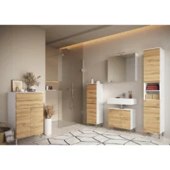 GERMANIA Badmöbel-Set »Torrance«, (4 St.), Unterschrank, Spiegelschrank Mit Beleuchtung, Kommode Und Hochschrank